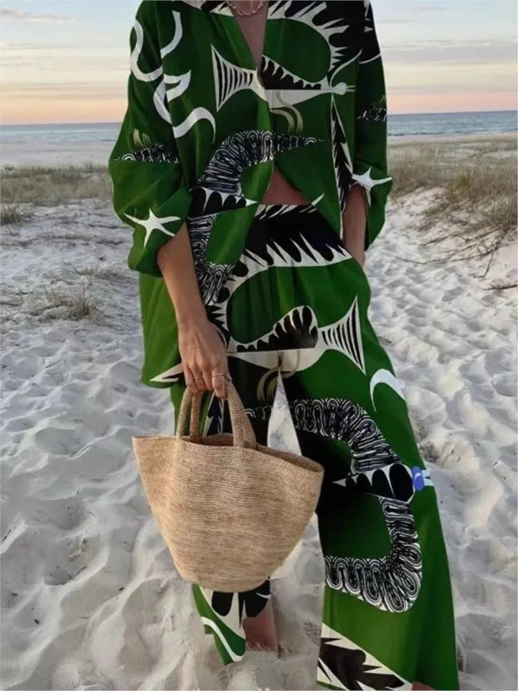 Two Piece Pant Set – Print Shirt and Wide Leg Pants – Broadcloth | KIMLUD