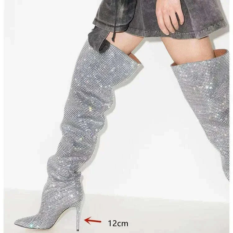 KIMLUD, High quality European and American knee length rhinestone pile boots for women's sexy slim high heeled pointed runway boots, KIMLUD Womens Clothes