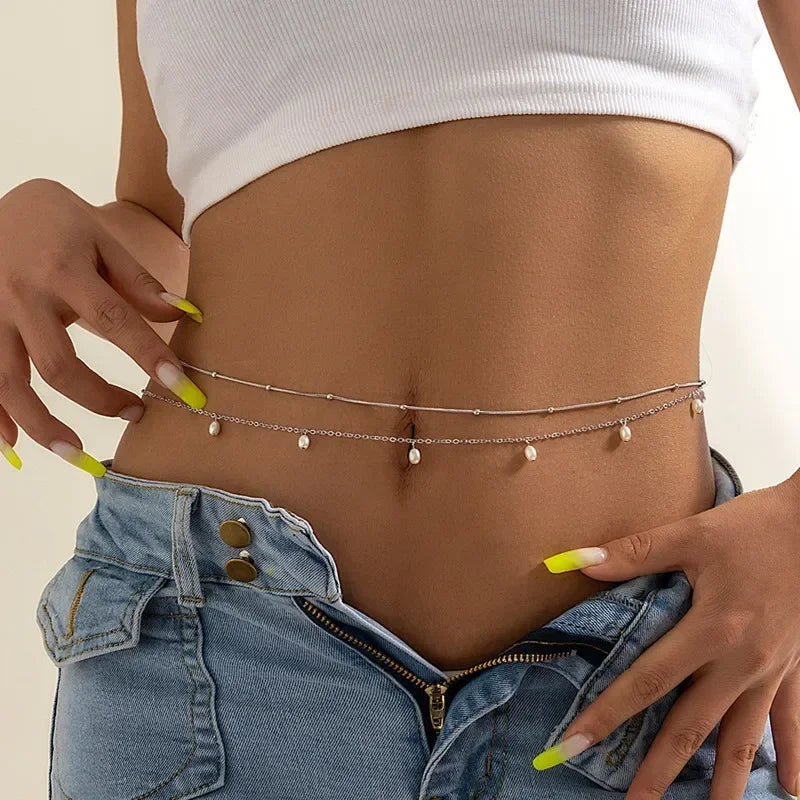 Gold-Tone Double-Layer Crystal Bead Waist Chain — Pastel Multicolor | KIMLUD