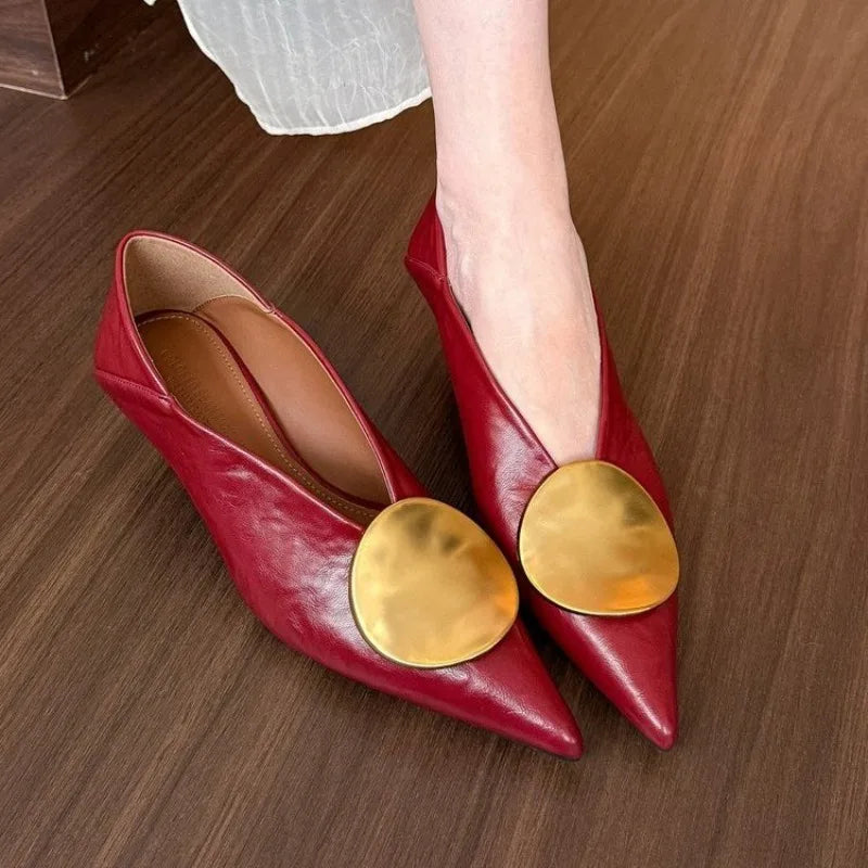 2025All-match Gold Pointed-toe Metal Buckle Single Shoes Women Wear Light-heeled Small Leather Shoes Twice in Summer