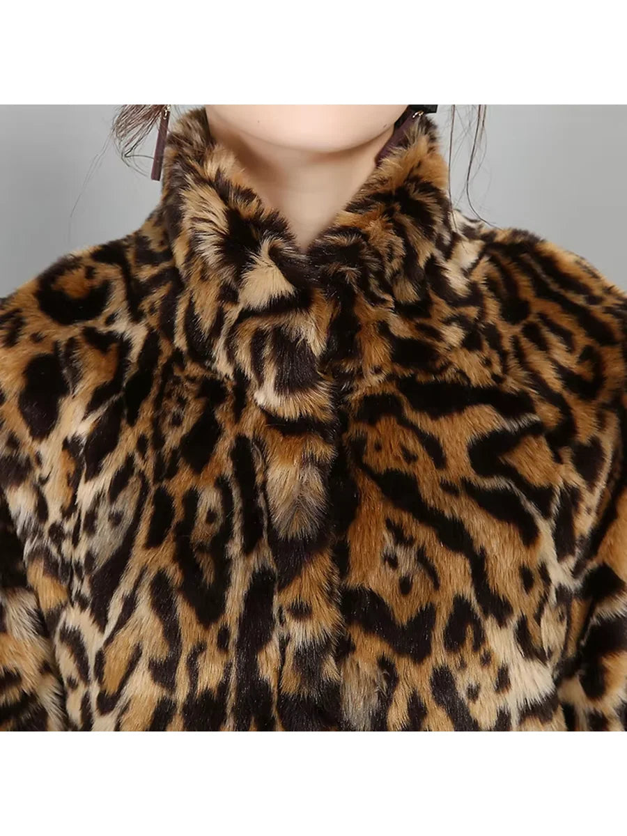 Nerazzurri Autumn Winter Long Thick Warm Colorful Leopard Print Fluffy Faux Fur Coat Women Stand Collar Luxury Furry Overcoat