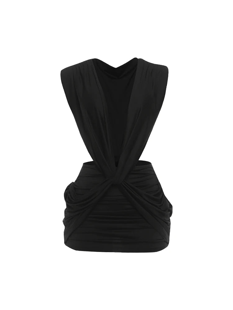 Cross Ruched Bodycon Dress Deep V-Neck Backless Patchwork — Peach | KIMLUD