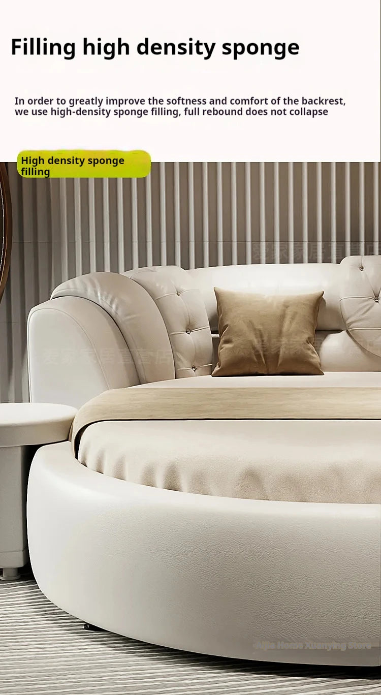European Style Round Bed Luxury Leather Surface — Ivory White | KIMLUD