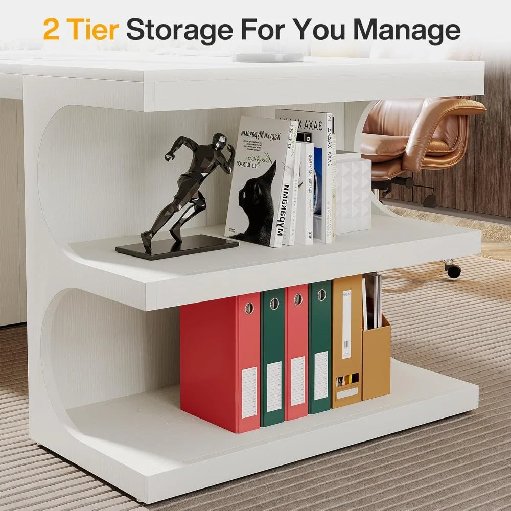 Office Desk, 63" Computer Desk with Storage Shelves, Modern Wood Study Writing Table, Large Workstation Business Furniture