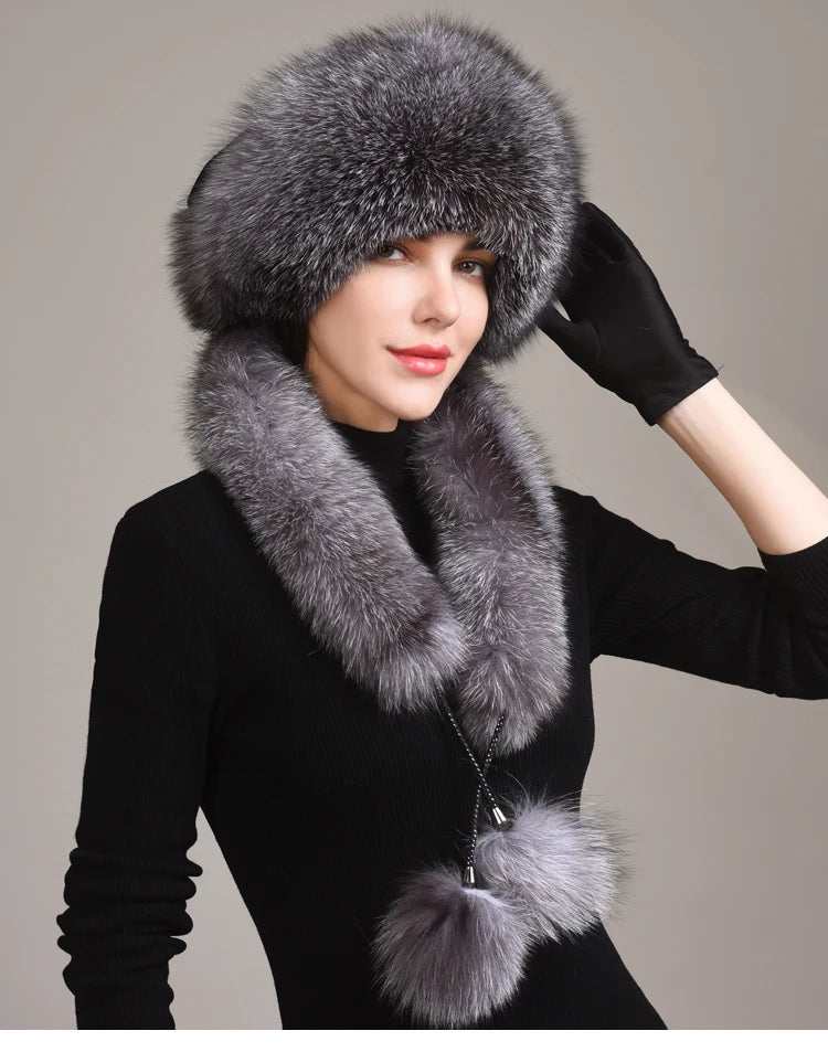 Real Fox Fur Hat With Rabbit Fur Top — Black | KIMLUD