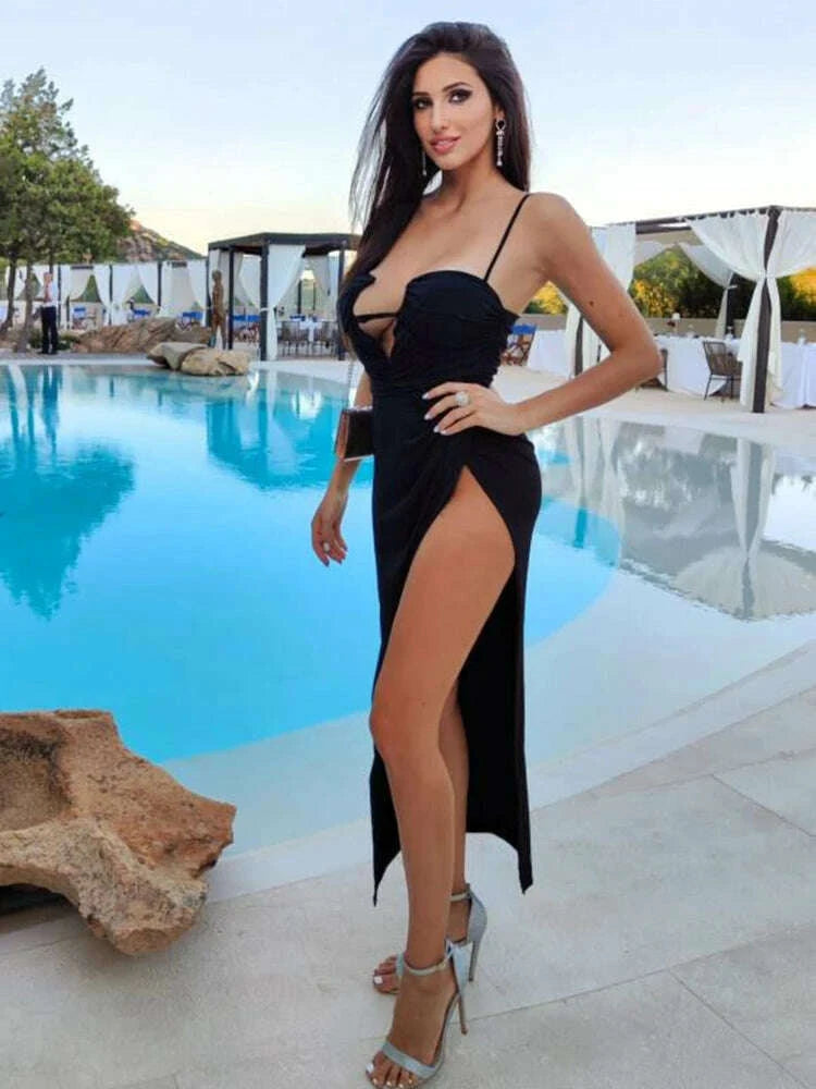 KIMLUD, VC Black Long Dress Women Spaghetti Strap Sundress Sexy High Slit Draped Design Evening Party Dress Summer 2023, KIMLUD Womens Clothes