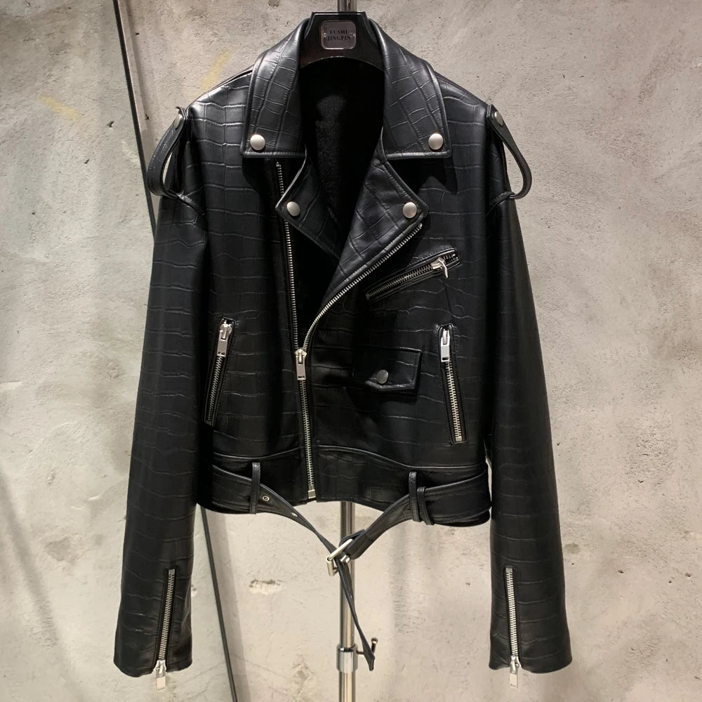 Crocdile Leather Bomber Ladies Real Sheepskin Coat Genuine Sheep Leather Biker Jacket 20325