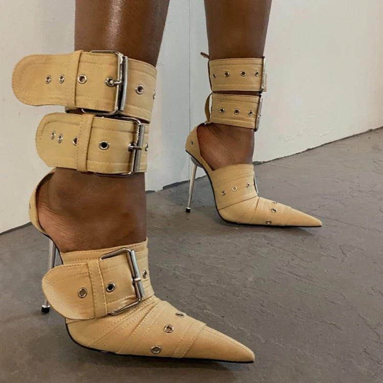 New Women's Denim Metal Rivet Buckle Sandals Women's Sexy Punk Style Pointed Hollow Metal 11cm High Heel Knee High Boots Size43