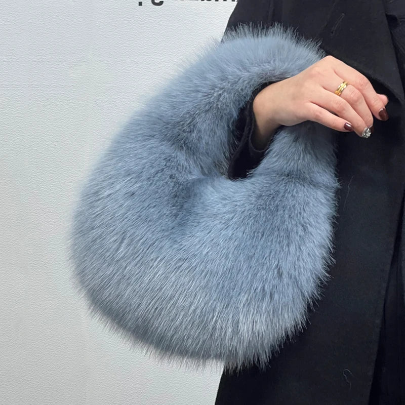 KIMLUD, Fashion Soft Plush Half Moon Bags for Women Designer Fluffy Faux Fur Lady Handbags Luxury Small Tote Female Winter Purses, KIMLUD Womens Clothes