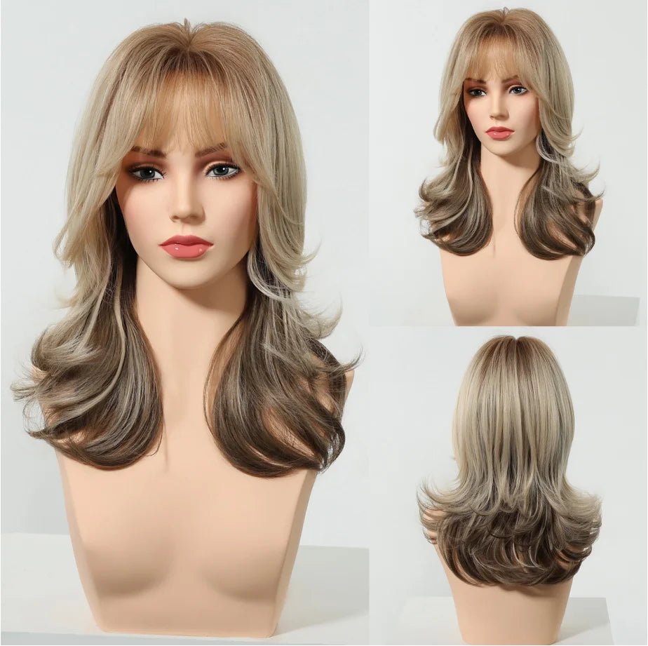 Wig – Medium-Length Layered Straight Bangs – Synthetic Hair – Grey | KIMLUD