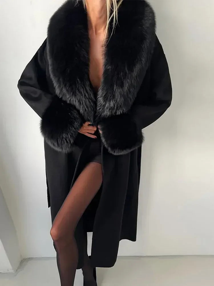 Retro Black Fur Patchwork Woolen Coat Women Chic Full Sleeve V-neck Lace Up Loose Long Overcoat 2025 Lady Winter Commute Outwear