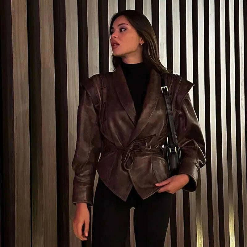 KIMLUD, Vintage Pu Leather Lace-up Short Jacket For Women Fashion Lapel Long Sleeves Irregular Coat 2023 Ladies Office Commute Outwear, KIMLUD Womens Clothes