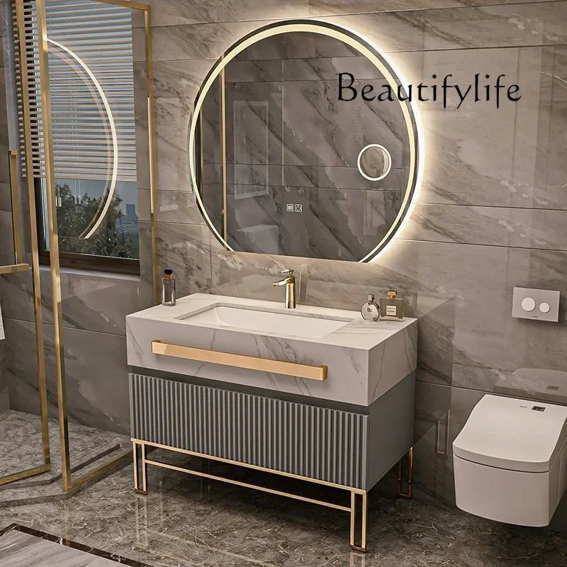 Oak Vanity Cabinet With Rock Slab LED Lighting — Grey | KIMLUD