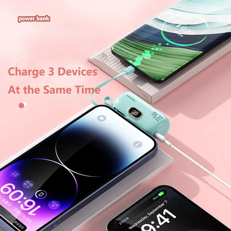 Portable Mini Power Bank Type C Plug Built in Cable 22.5W Fast Charging for iPhone Samsung Xiaomi External Battery