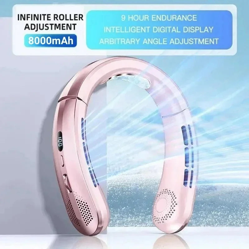 Bladeless Hanging Neck Fan USB Rechargeable 8000mAh LED Display — White | KIMLUD