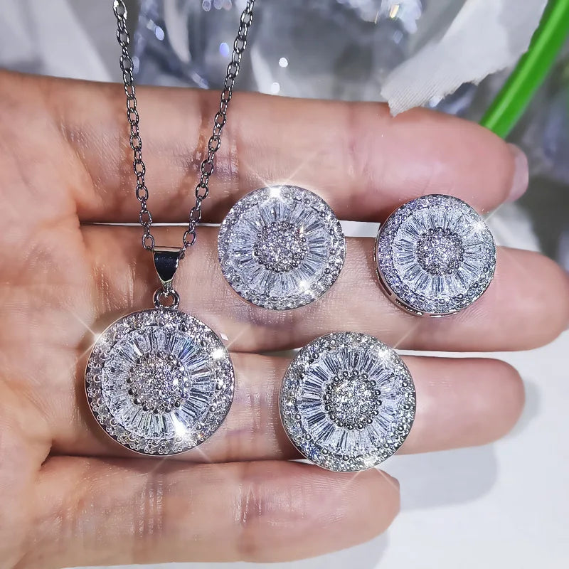 Popular fashion round jewelry gift 925 silver micro-set zircon pendant earrings bracelet ring three-piece party birthday