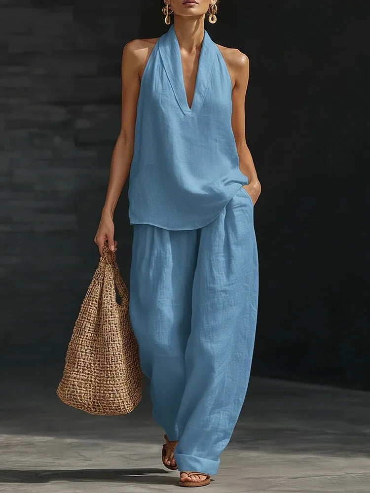 Two Piece Set – Sleeveless V Neck Top and Wide Leg Pants – Broadcloth | KIMLUD