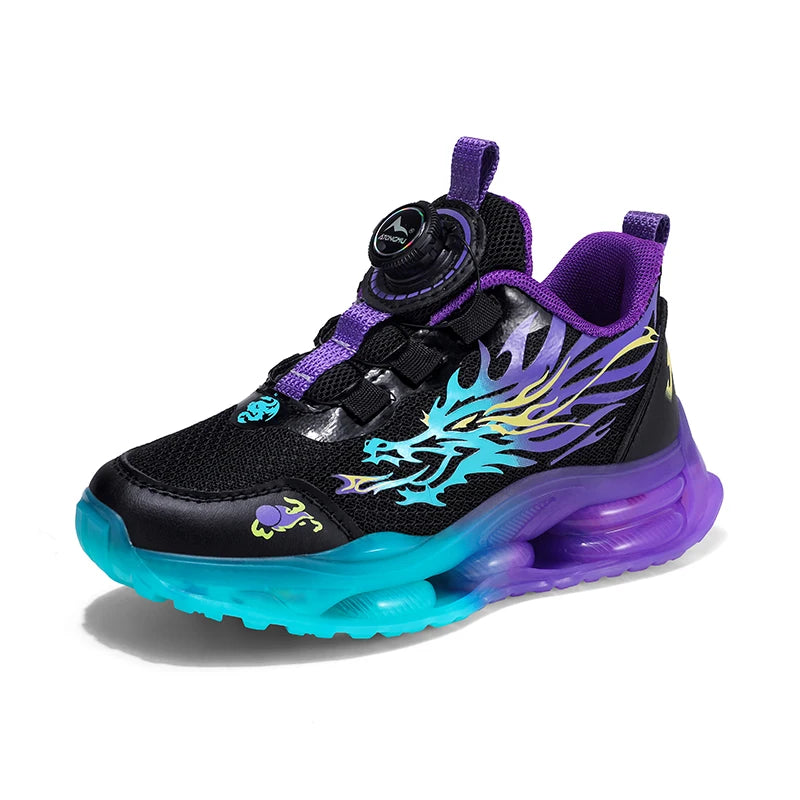 Flame-Print Knit Sneakers For Boys — Lightweight, Anti-Slip Sole, School-Ready Kids Trainers — Black | KIMLUD