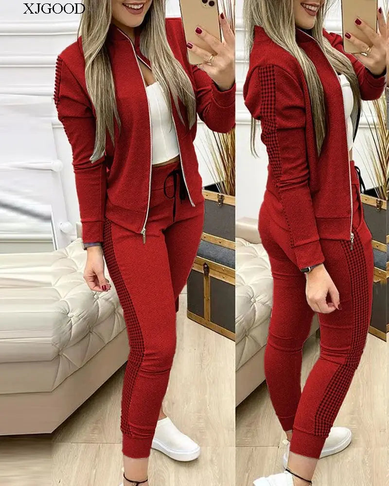 Sport Plaid Patchwork Long Sve Set Women's Casual Sportswear Polyester Fabric Zipper Closure Long Pants Two-Piece Set