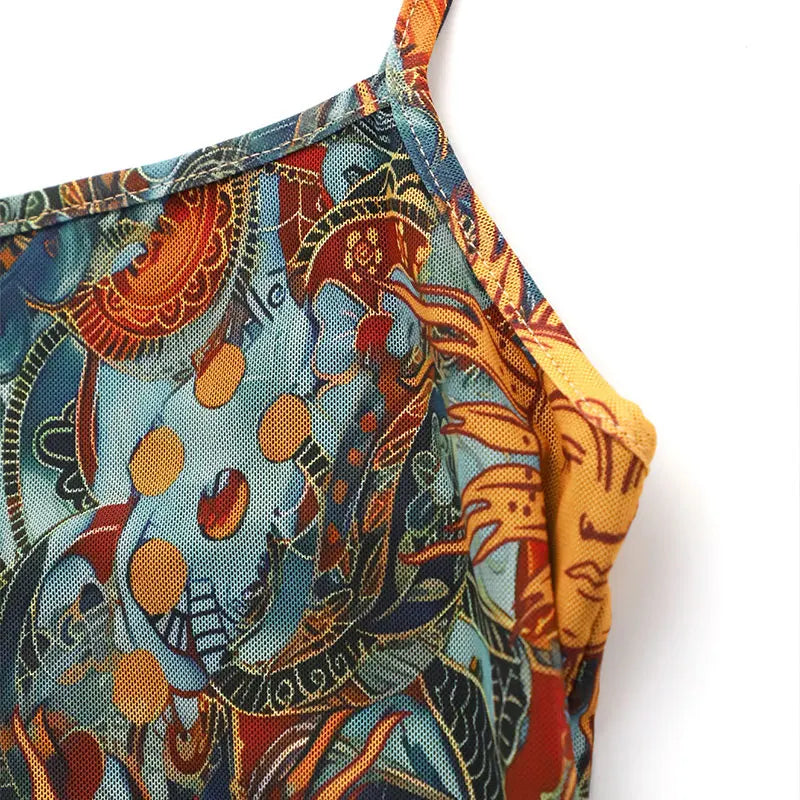 Sun-Print Knit Mini Dress Backless — Teal | KIMLUD