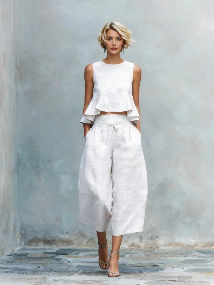 Linen Ruffled Vest Top Two-Piece Set — Ivory | KIMLUD
