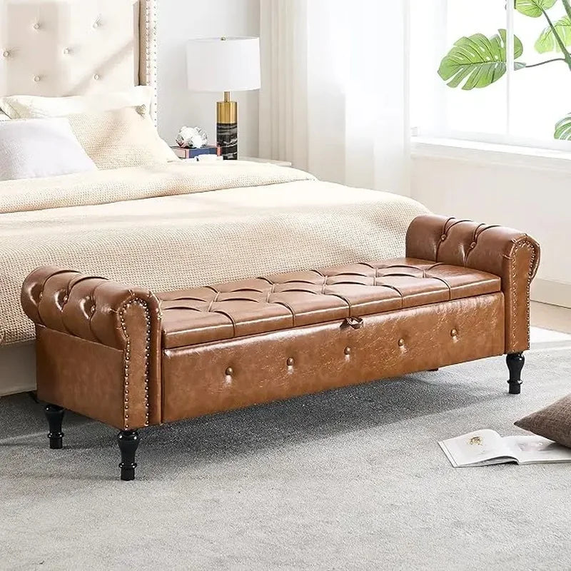 Velvet Tufted Storage Bench, 67" Bedroom End of Bed Bench, King Size with Rolled Arms, Button Ottoman Bench