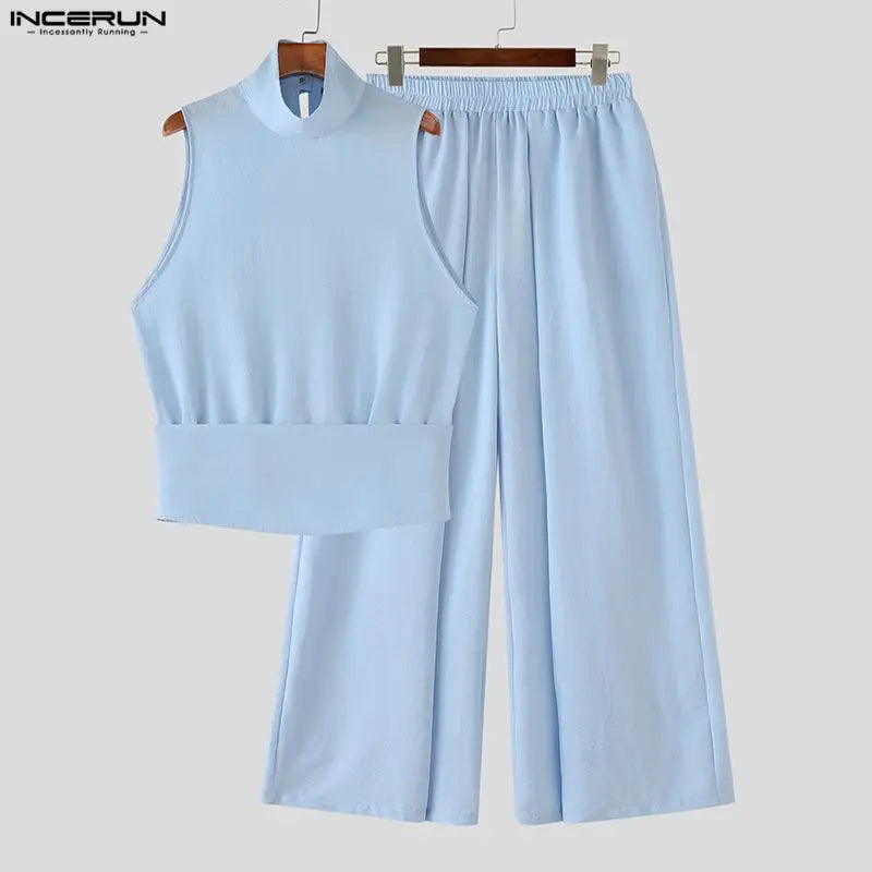 Sleek Polyester Solid Two-Piece Set — Blue | KIMLUD