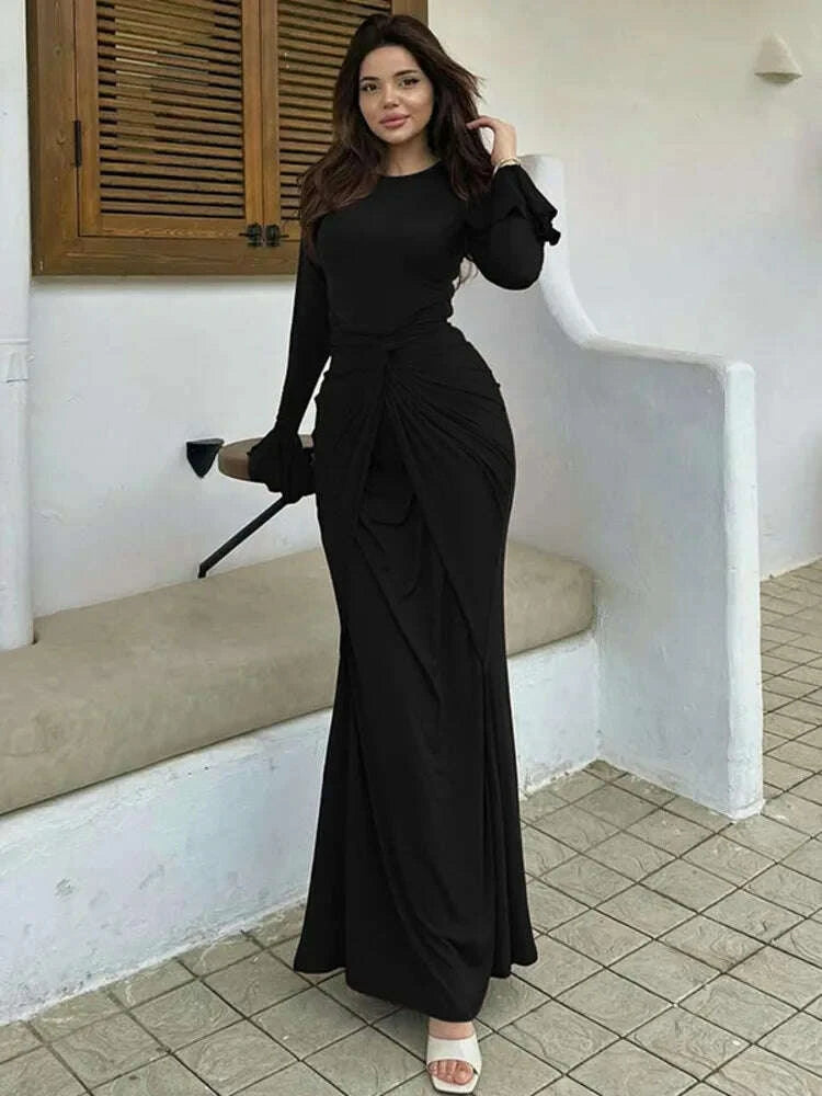 KIMLUD, Mozision Flare Long Sleeve Draped Sexy Maxi Dress Women Gown Elegant O Neck High Waist Bodycon Club Party Long Dresses Female, KIMLUD Womens Clothes