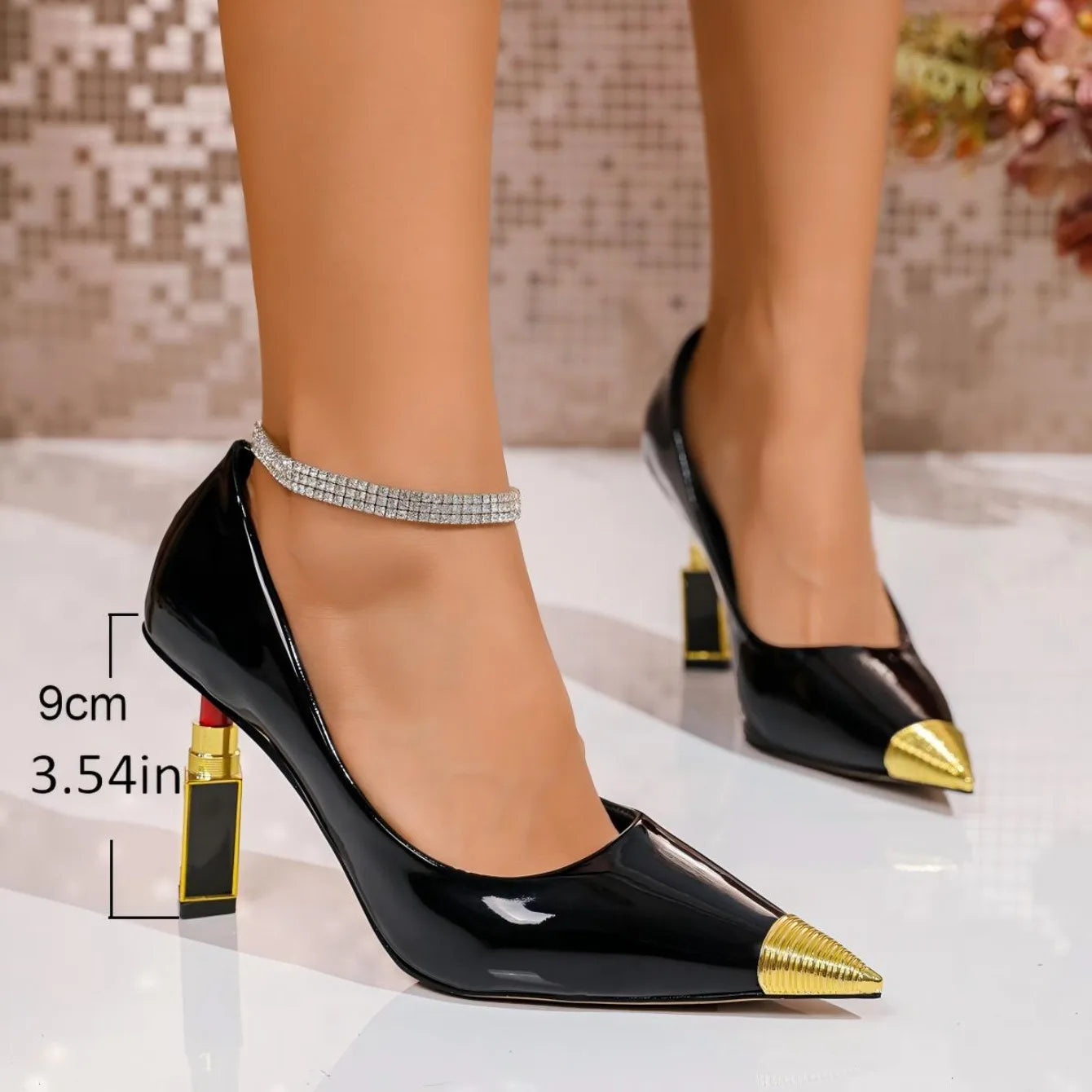 Metal Pointed Pumps With Subtle Gold-Tone Toe Cap Embellishment — Black Patent | KIMLUD