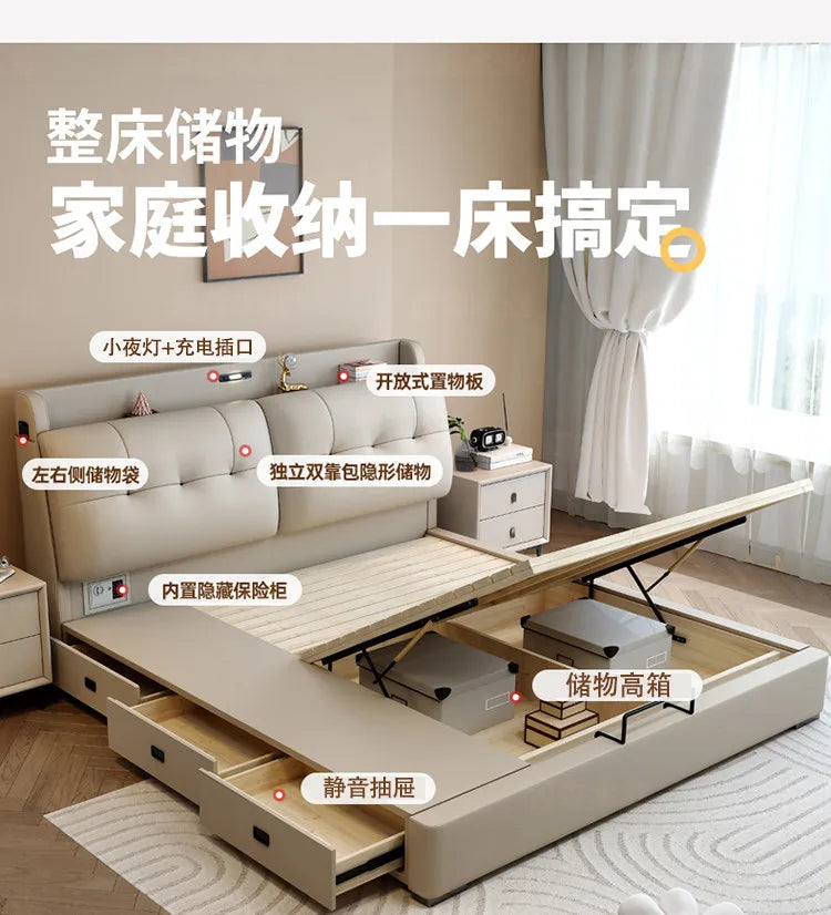 Minimalist Upholstered Bed Frame With Storage — Cream Beige | KIMLUD