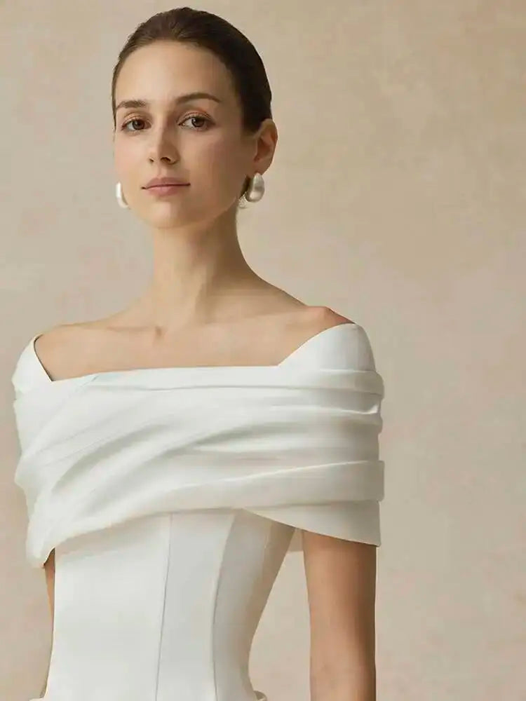 Polyester Slash-Neck Pleated Back Ankle-Length Evening Dress — Black | KIMLUD