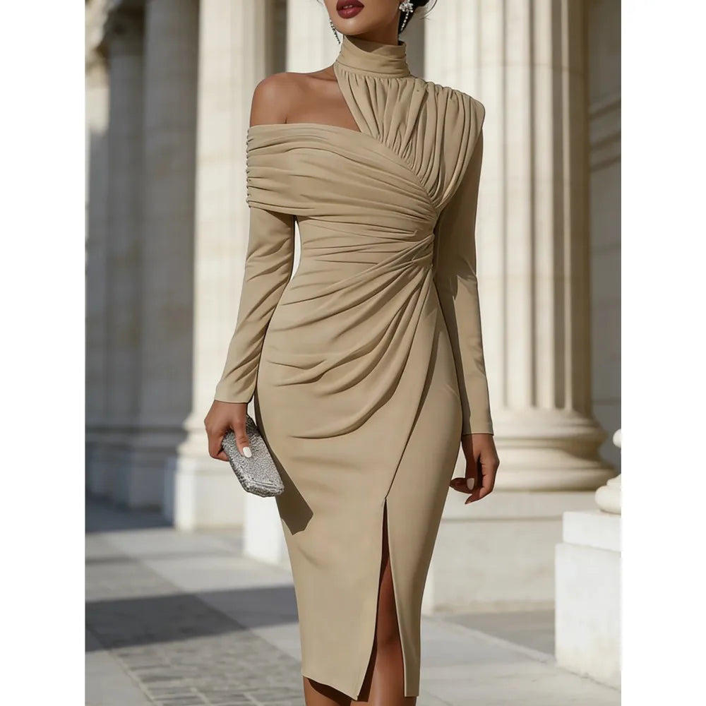 Bodycon Dress – Off Shoulder Asymmetric Ruched – Polyester – White | KIMLUD