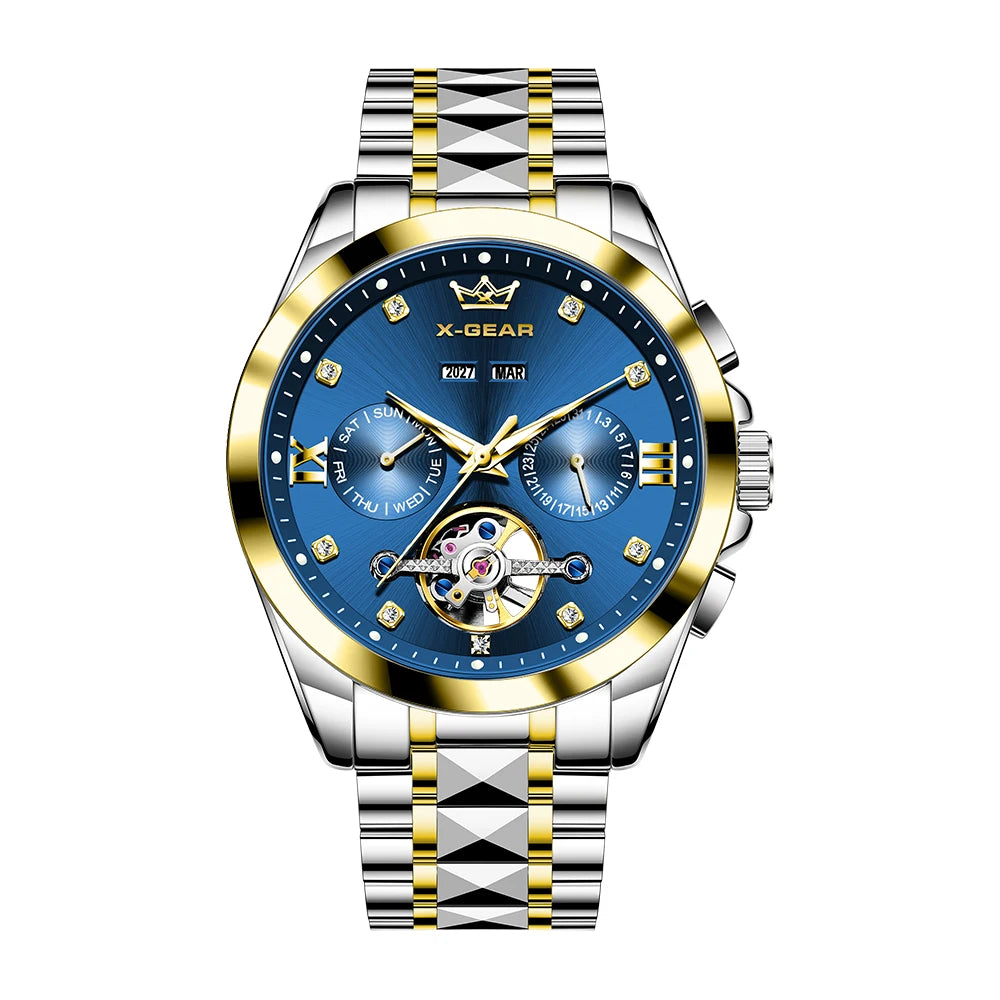 Men's Automatic Mechanical Watch with Tourbillon Waterproof Luminous Stainless Steel Strap Luxury Multi-Functional Timepiece