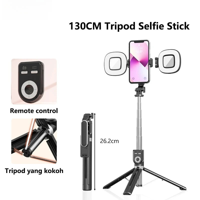 1.3m Portable Selfie Stick Retractable Tripod Phone Stand with Dual Fill Lights 360° Rotating Photography Live Streaming Devices