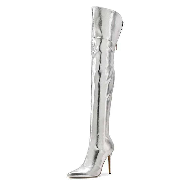 KIMLUD, Sexy Silver Gold Rear Zipper Over Knee Boots Women's Pointed High Heels European and American Fashion Long Boots Big Size 34-43, KIMLUD Womens Clothes