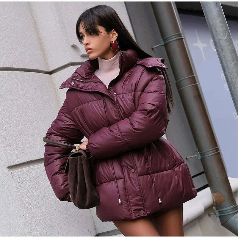 KIMLUD, Women Solid Thicken Cotton Jackets Casual Stand Collar Zipper Long Sleeves Lace Up Detachable Hat Coat Winter Lady Warm Outwear, KIMLUD Womens Clothes