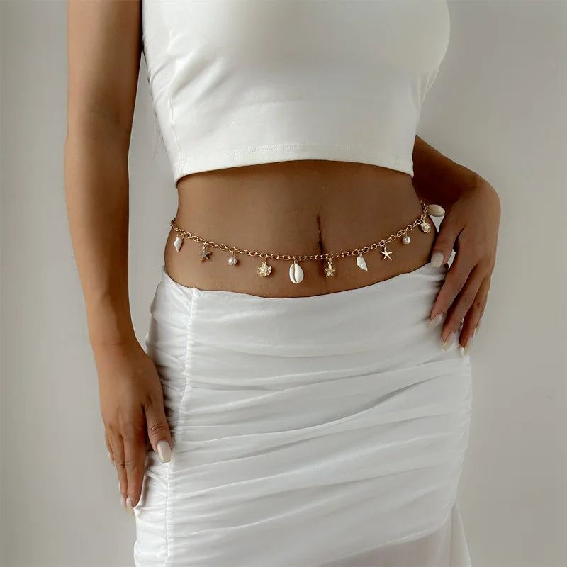 Bohemian Imitation Pearl Waist Belly Chain Starfish Pendant — White | KIMLUD
