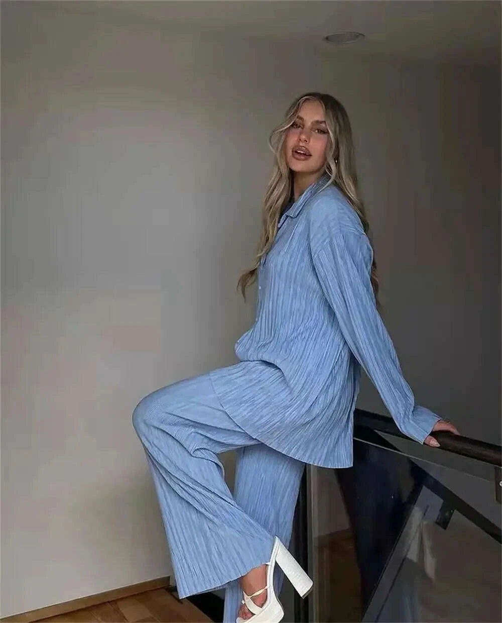 KIMLUD, 2023 Spring Summer Best Seller Solid Color Draped Loose Fit Smooth Pleated Women's Casual 2-Piece Set Stock Available, KIMLUD Womens Clothes