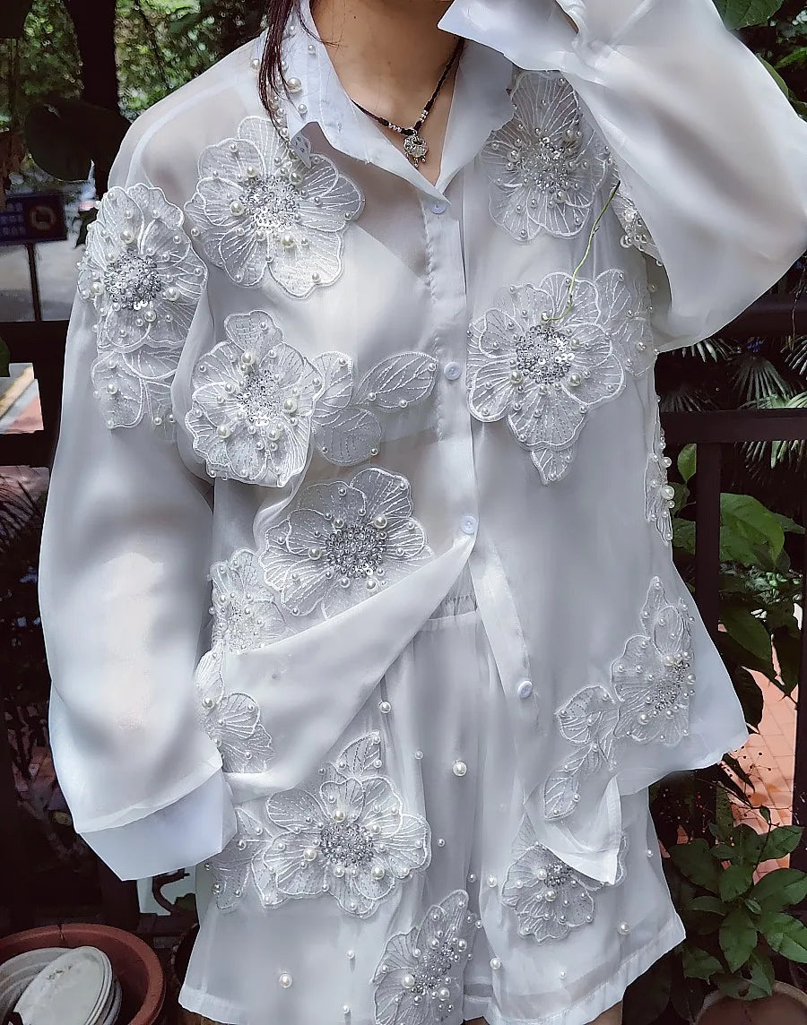 Two-Piece Set - Fairy 3D Flower Embroidery - Chiffon Silhouette | KIMLUD