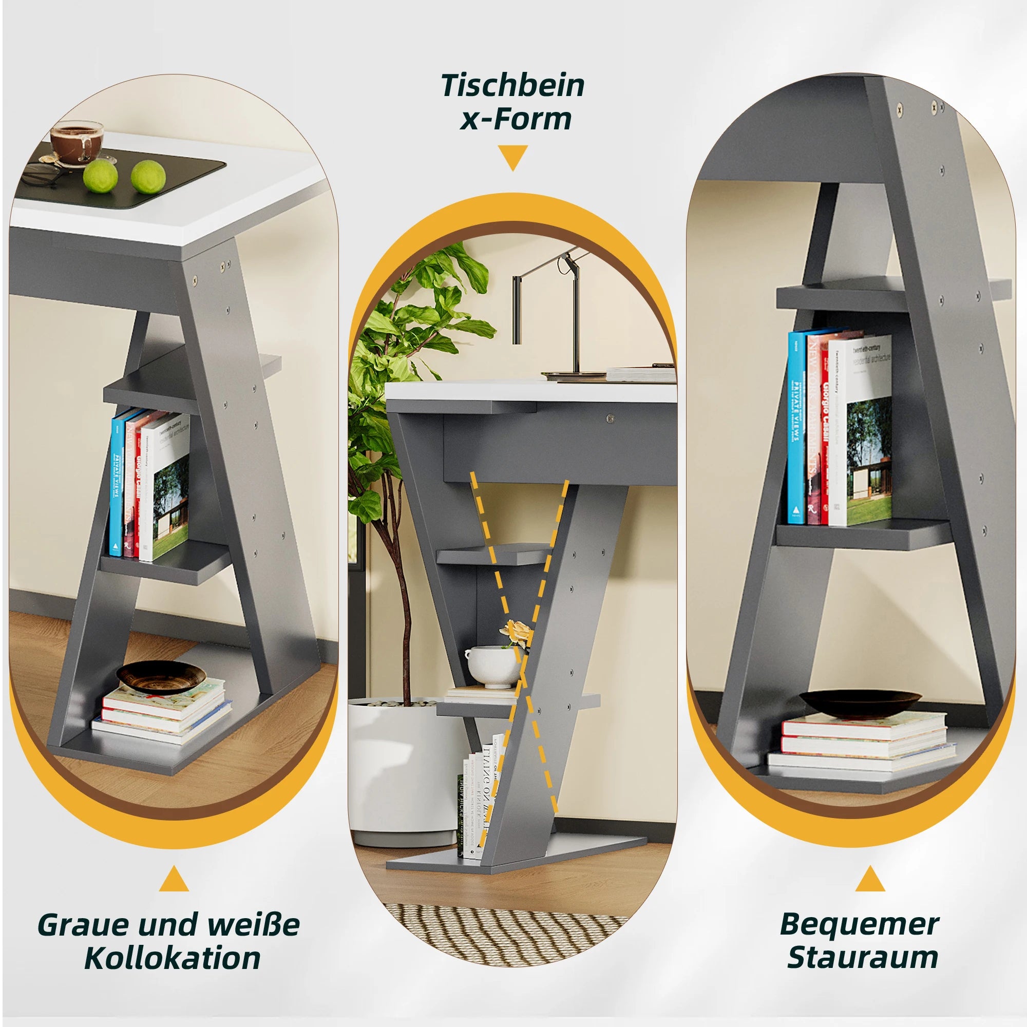 HOUSE SPOLE Computer table with X-shaped bracket, office table with 6 storage rack, Grey