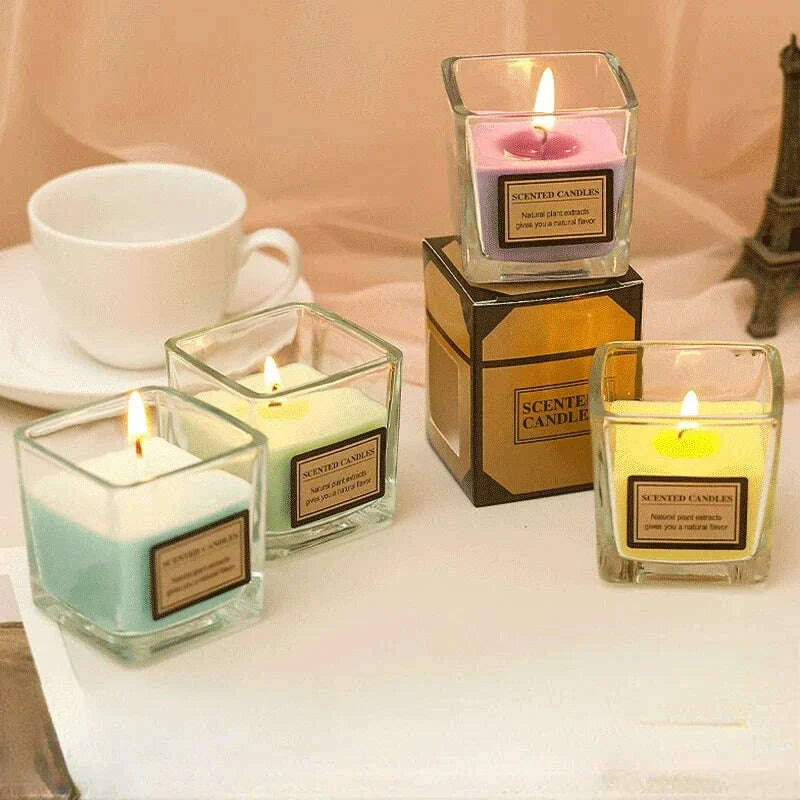 KIMLUD, Candy Color Fragrance Candle Fragrance Environment Glass Square Cup Bedroom Household Decoration Small and Fresh, KIMLUD Womens Clothes
