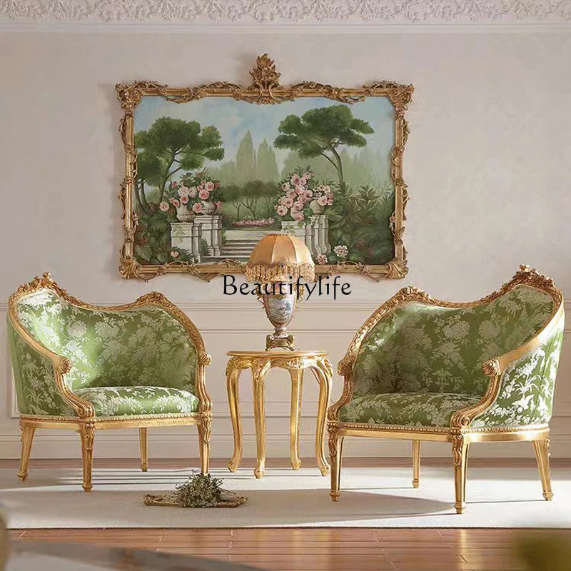 *French retro solid wood carving flower sofa chair European villa living room fabric leisure chair