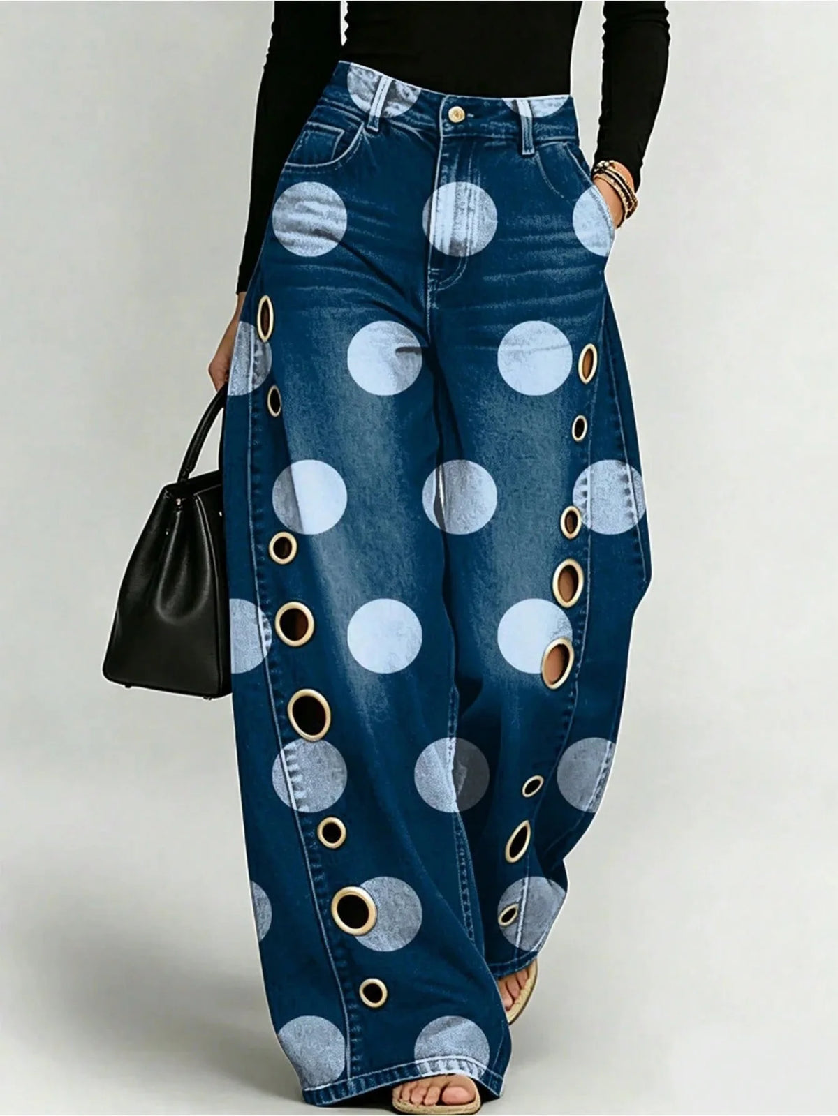 Wide Leg Denim Jeans – Asymmetric Two Tone Polka Dot Print Eyelet Detail – Denim | KIMLUD