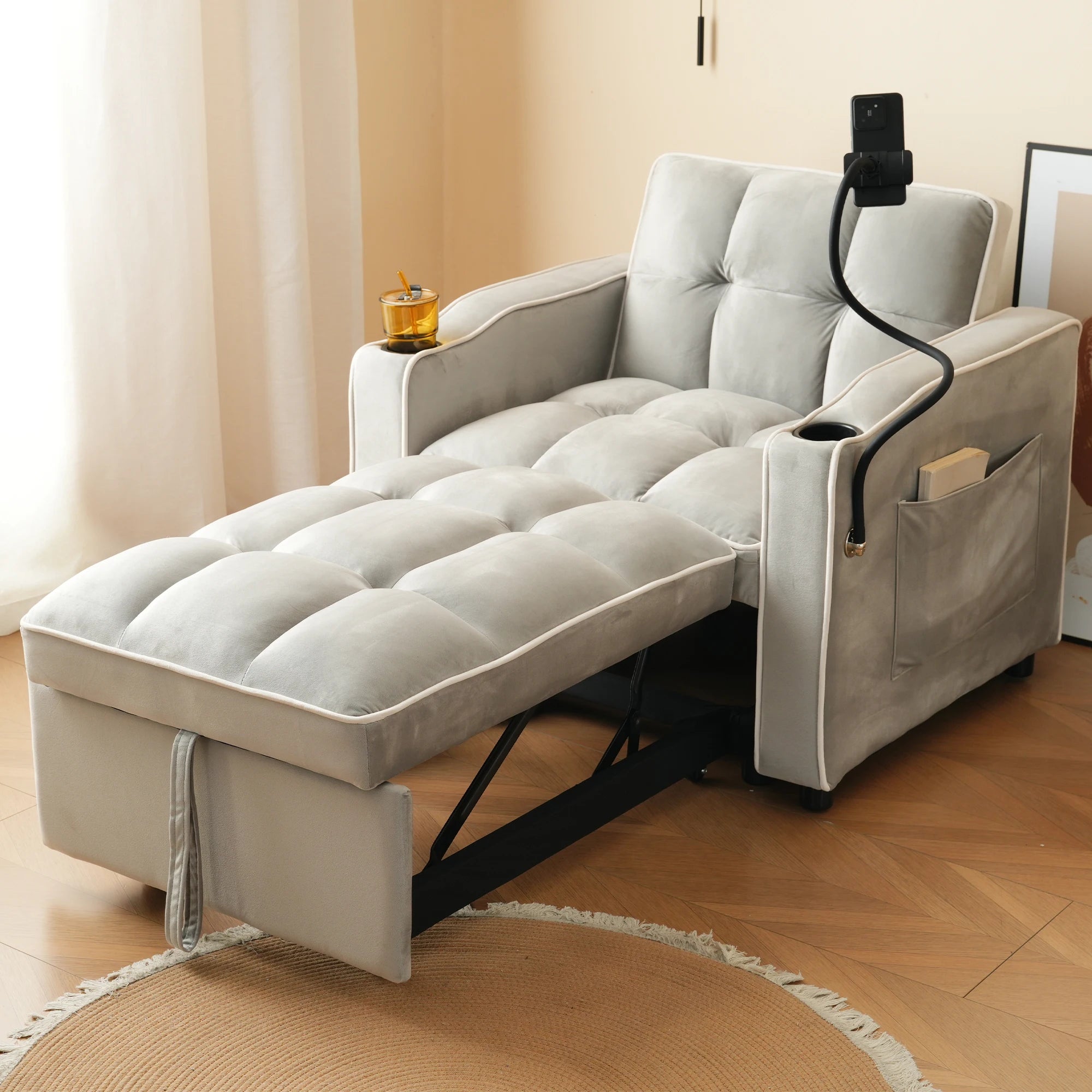 Convertible Sofa Bed 3-in-1 With Beverage Rack And Phone Holder — Soft Ash Gray | KIMLUD
