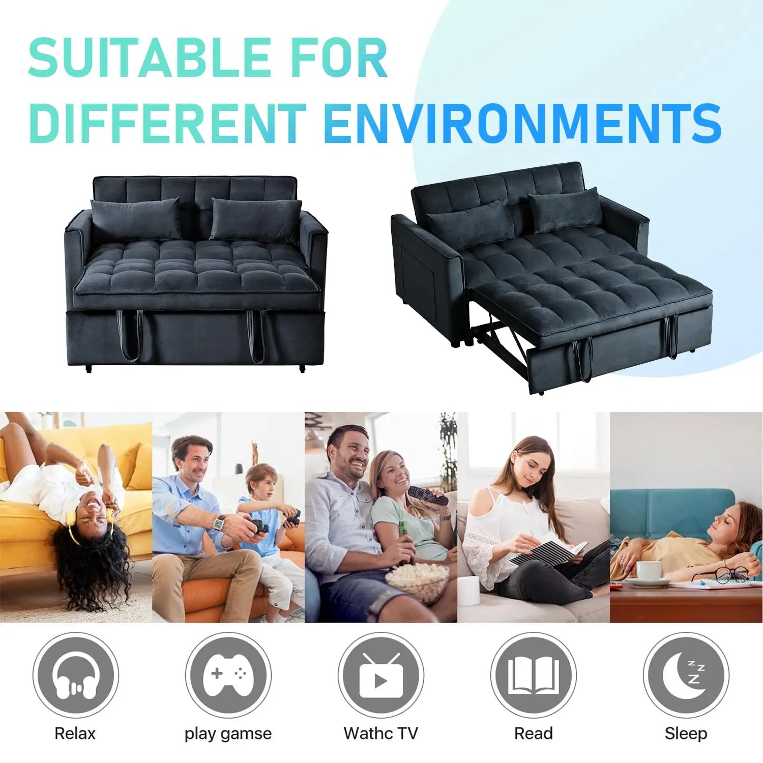 Velvet Sofa Bed 3-in-1 Convertible — Black | KIMLUD