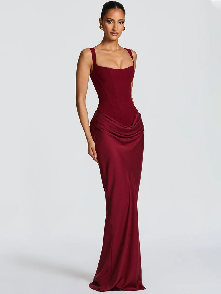 Backless Maxi Dress With Square Collar — Burgundy | KIMLUD