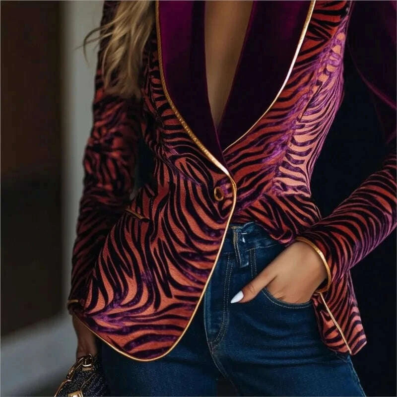 KIMLUD, 2025 Retro Floral Printed Blazer Jacket Satin Patchwork Lapel Collar Single Button Office Lady Elegant Vintage Jacket Coat, KIMLUD Womens Clothes