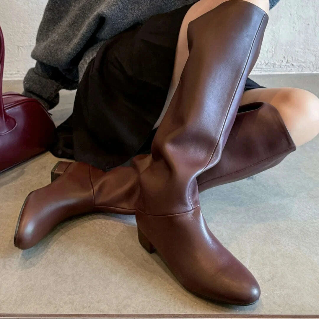 KIMLUD, Women's genuine leather round toe slip-on flats autumn knee high boots casual female soft comfortable knight boots shoes woman, KIMLUD Womens Clothes