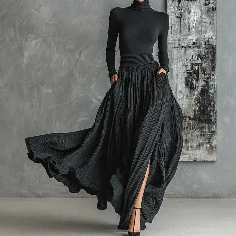 Turtleneck Pullover Top Women Skirt Set Chic Female Shirt And Long Skirt Matching Suit Office Slim Fit Skirt Two Piece Sets 2025