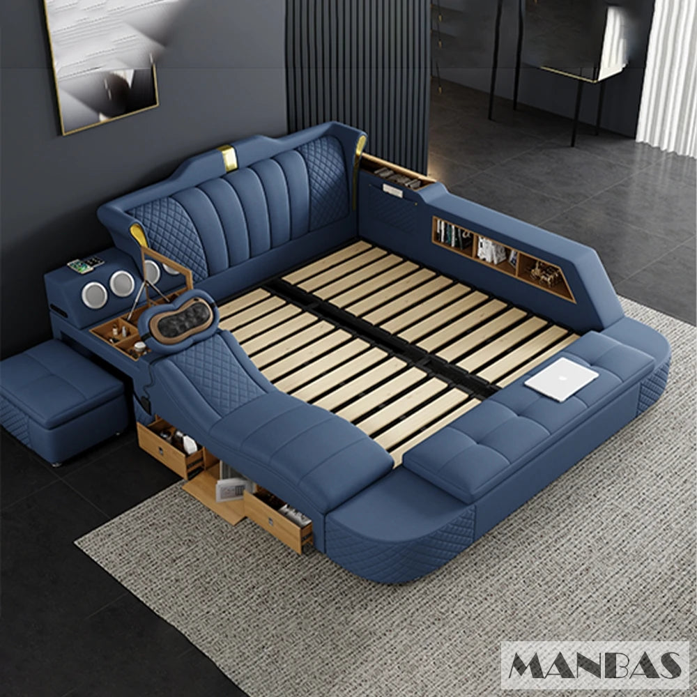 Modern Tech Smart Genuine Leather Bed with Massage, Bluetooth Speakers & USB – Luxury Multifunctional King Size Bed with Ottoman